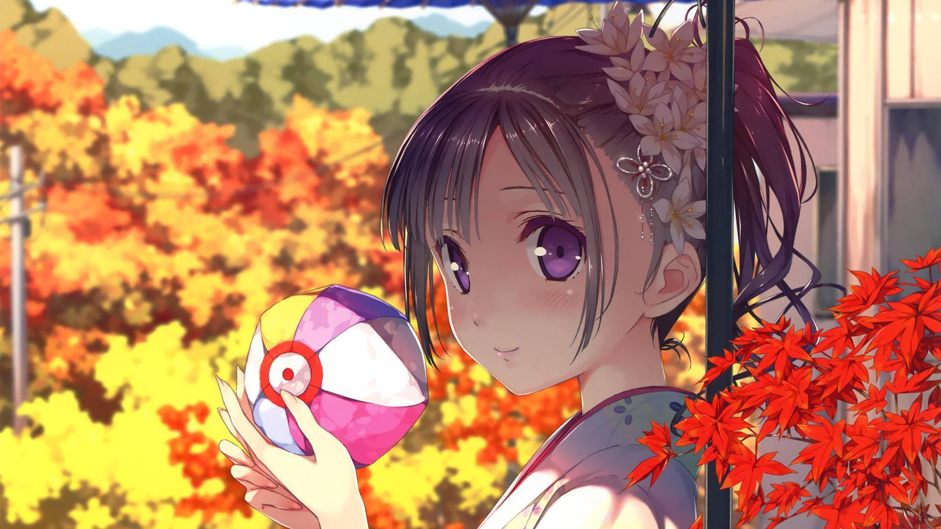 可愛動漫女孩與秋葉 壁紙