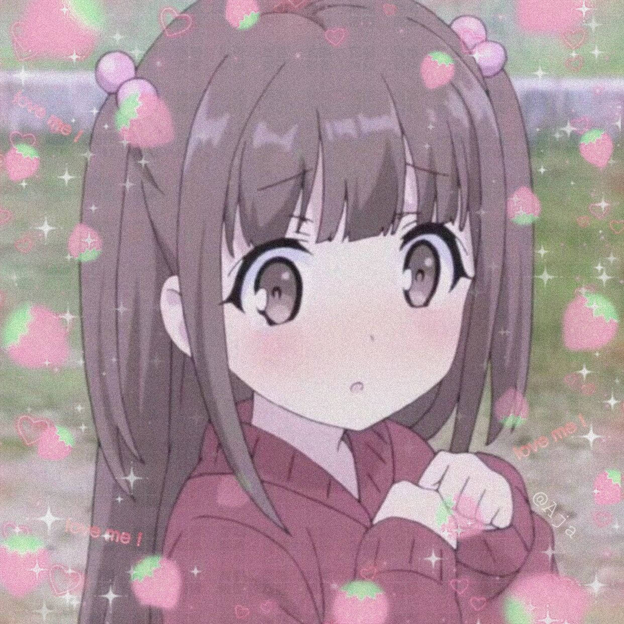可愛動漫女孩頭像：少女、草莓與愛心 壁紙