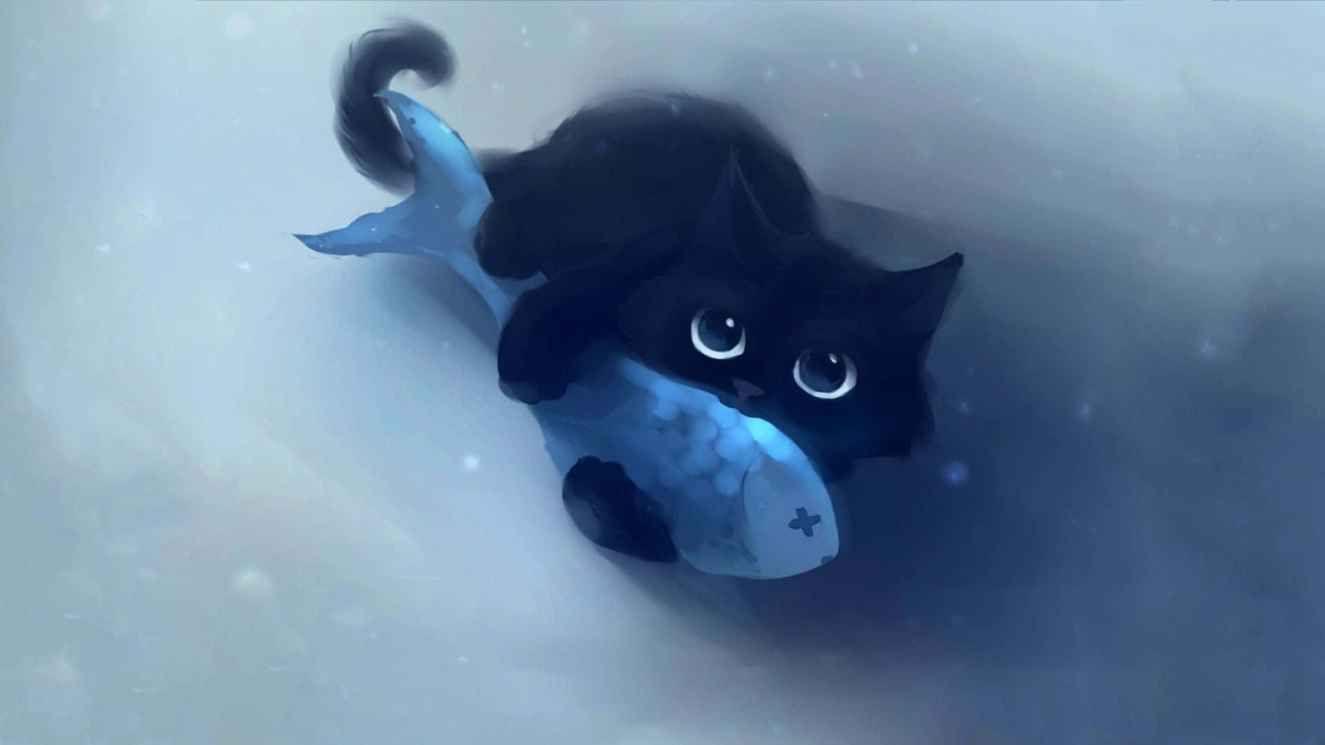 可愛動漫貓咪抱魚 壁紙