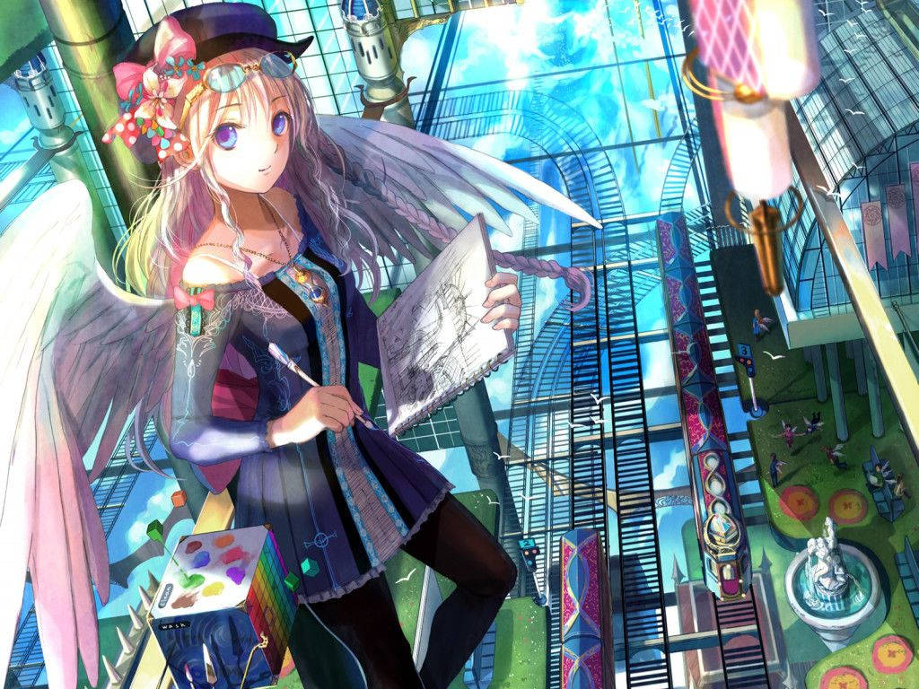 可愛天使翅膀動漫女孩素描 壁紙