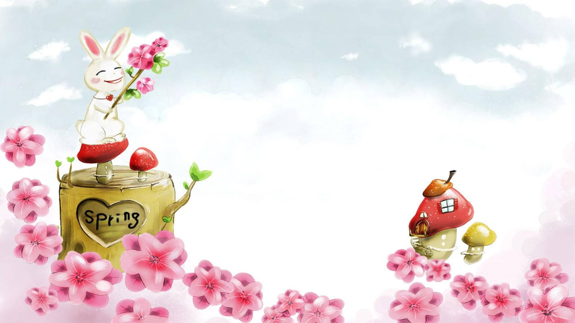 可愛春季卡通兔兔小屋 壁紙