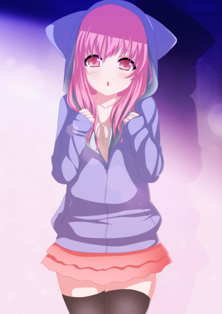 可愛的動漫女孩穿著連帽衫 壁紙