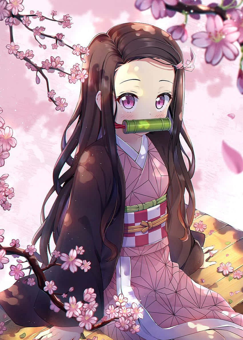 可愛的竈門禰豆子櫻花美學 — 可愛動畫GIF 壁紙