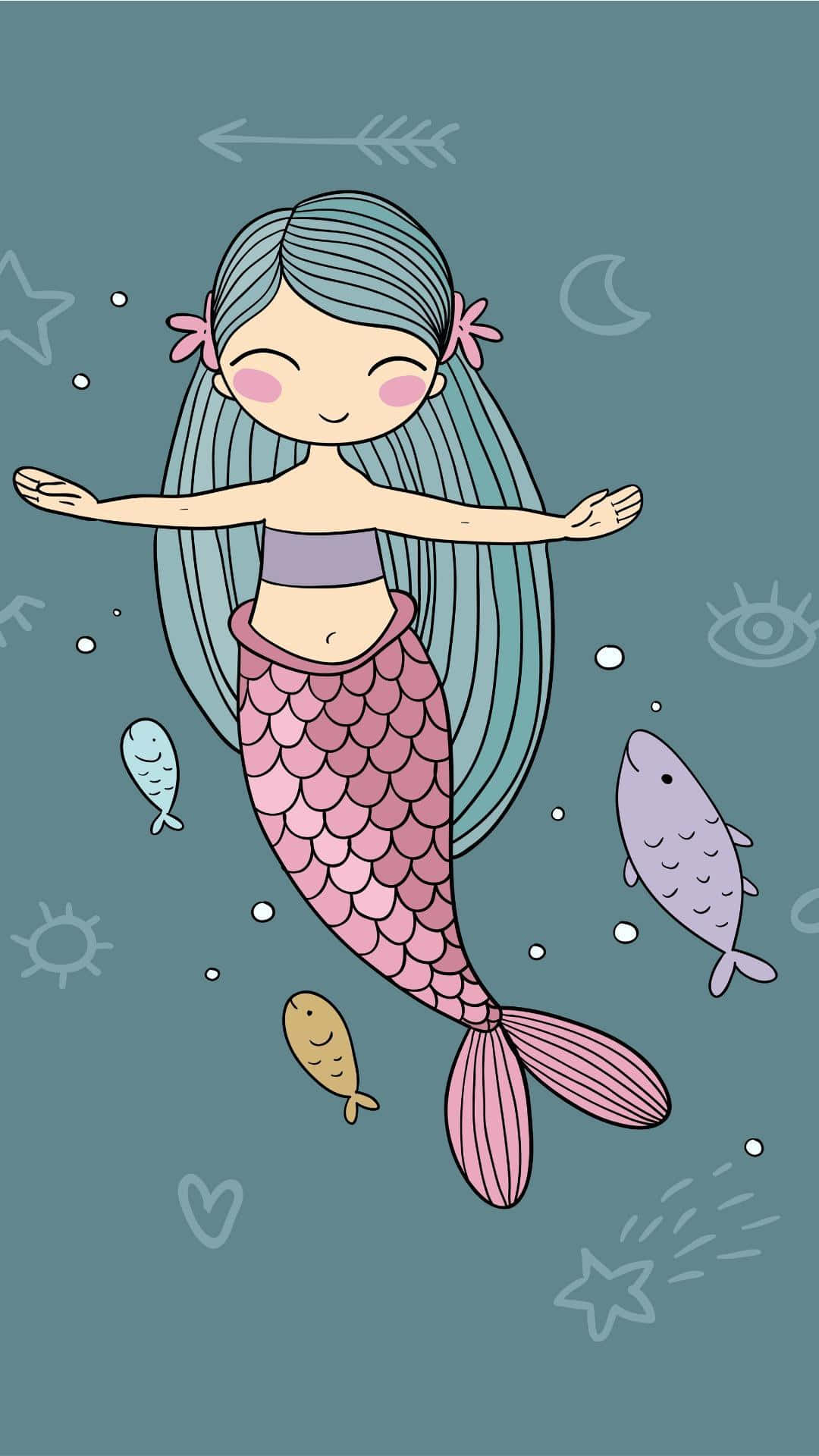 可愛美人魚數位繪圖與小魚 壁紙