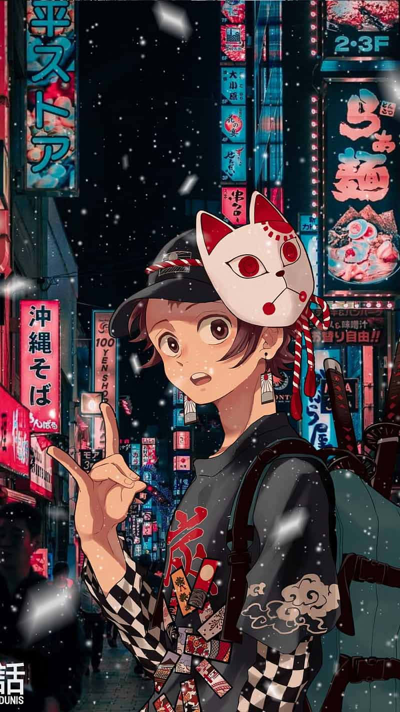 可愛鬼滅之刃角色炭治郎在都市夜景中 壁紙