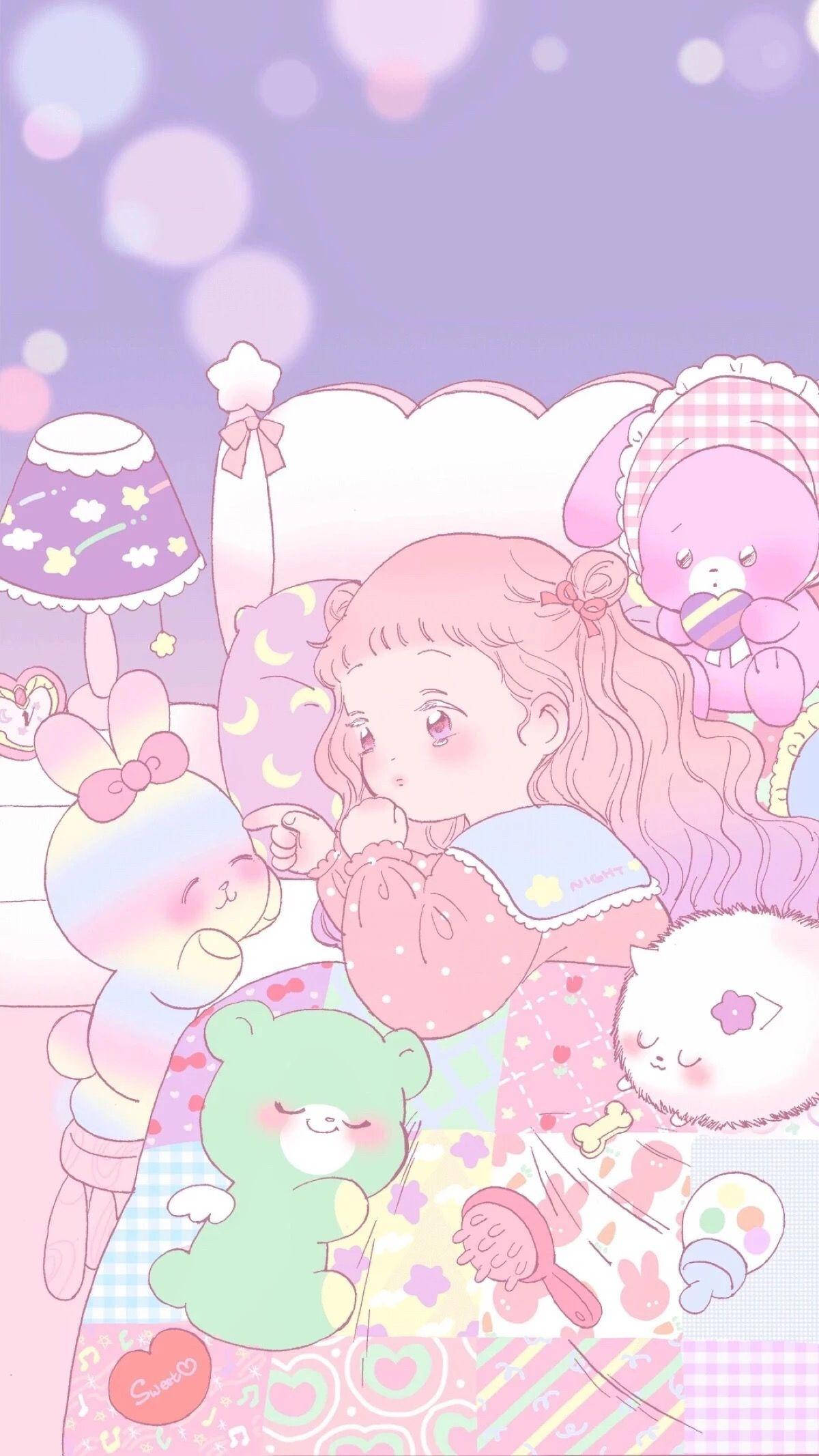 可爱动漫女孩在床上与毛绒玩具 壁紙