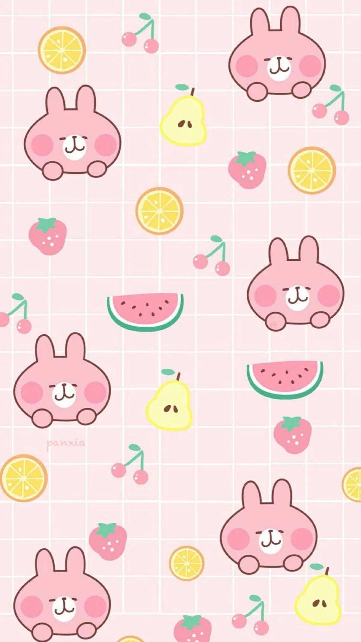 可爱粉色兔子与水果拼贴画 壁紙