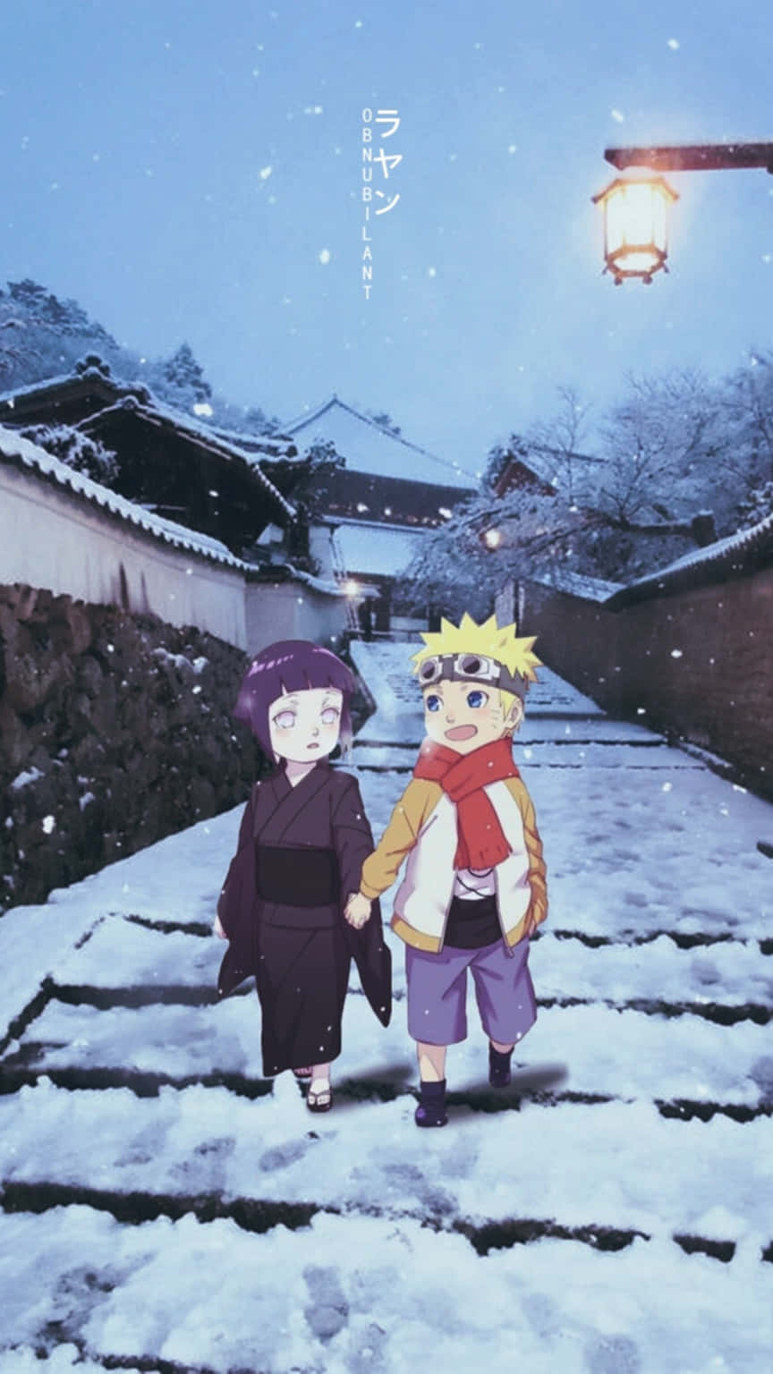 可爱鸣人和雏田在雪夜同行 壁紙
