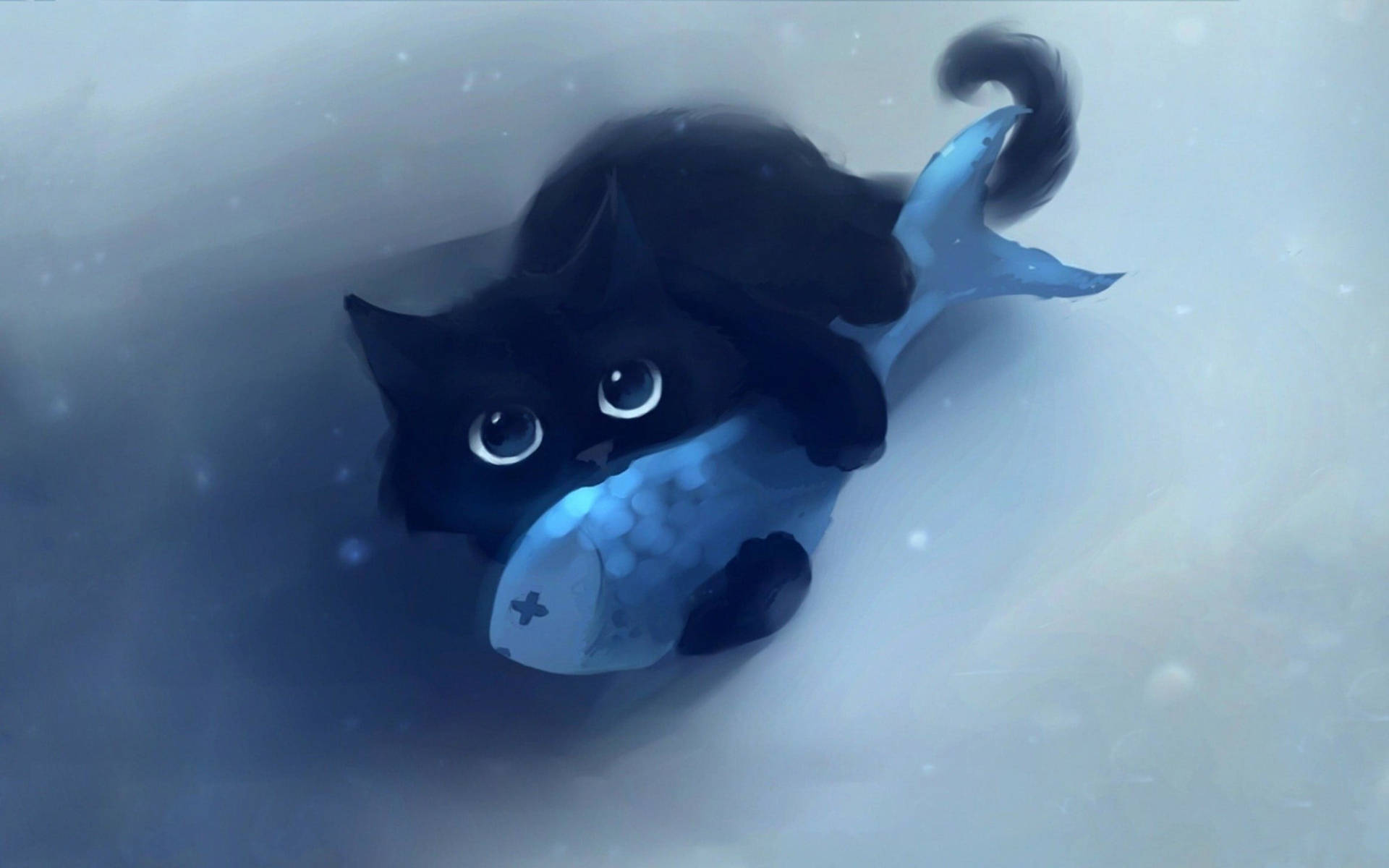 可爱黑猫抱鱼 壁紙