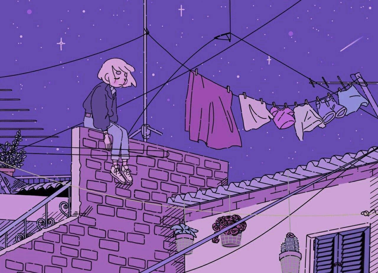 唯美动漫少女紫色之夜 — 动漫女孩 壁紙