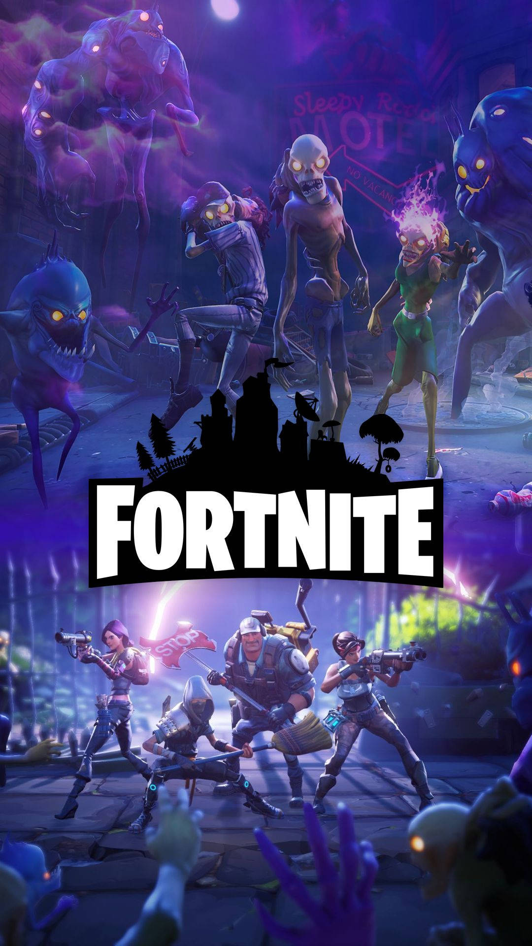 僵尸与人类互相战斗，带有《堡垒之夜》标志的高清壁纸。 — Fortnite 壁紙