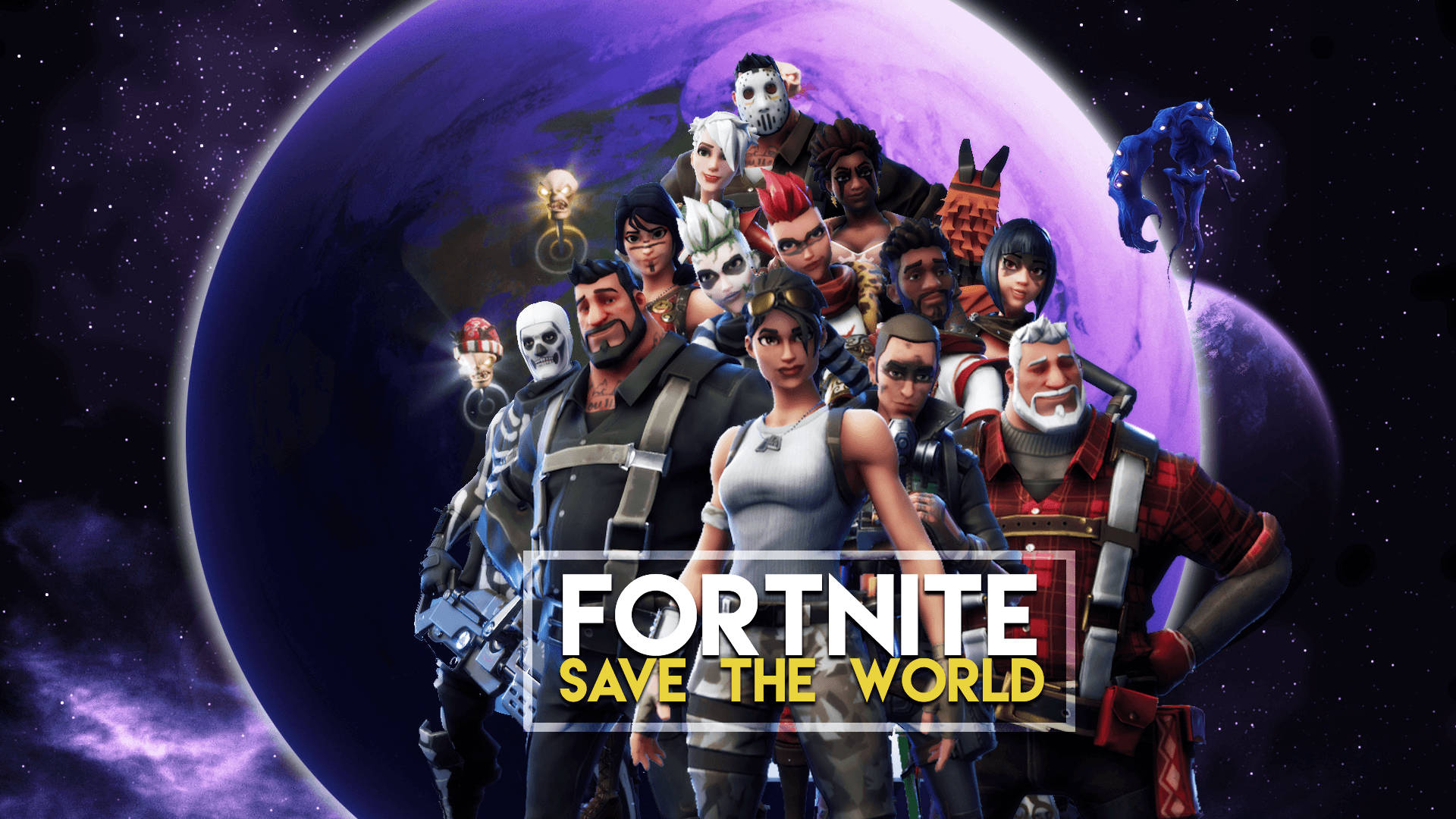 《堡垒之夜》多位角色在“拯救世界”模式中的合集，搭配星球壁纸。 — Fortnite 壁紙