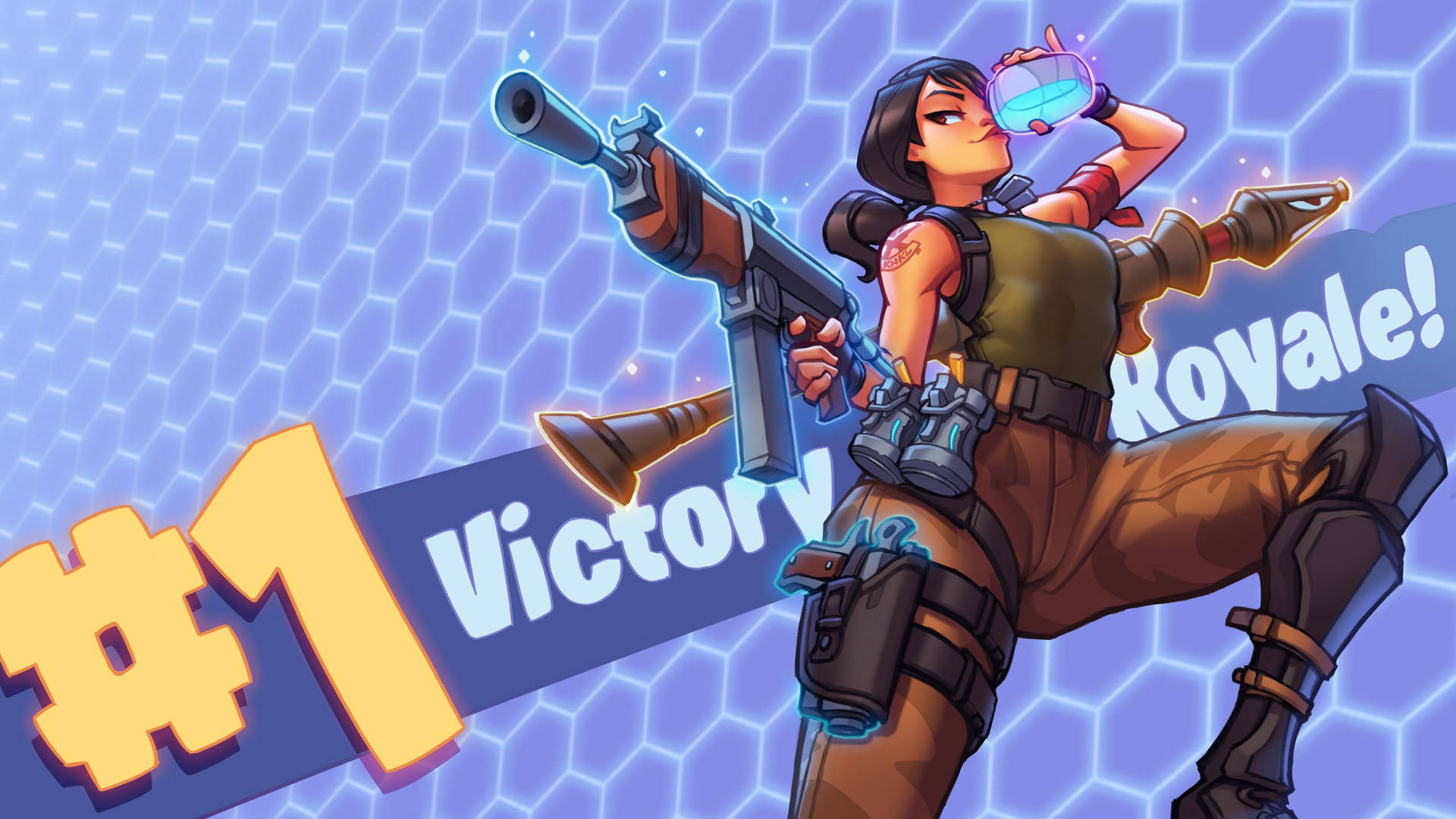 《要塞英雄》中一個女性角色持槍並喝護盾藥水的桌布。 — Fortnite 壁紙
