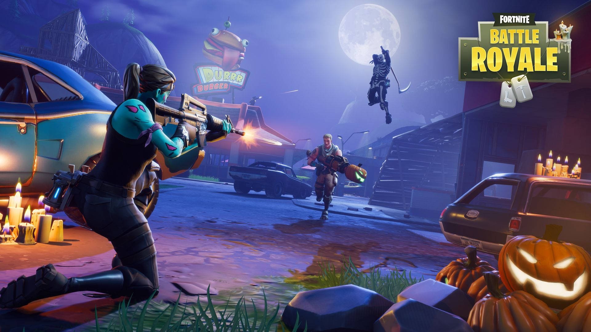 《要塞英雄》桌布中三個角色在夜間戰鬥。 — Fortnite 壁紙