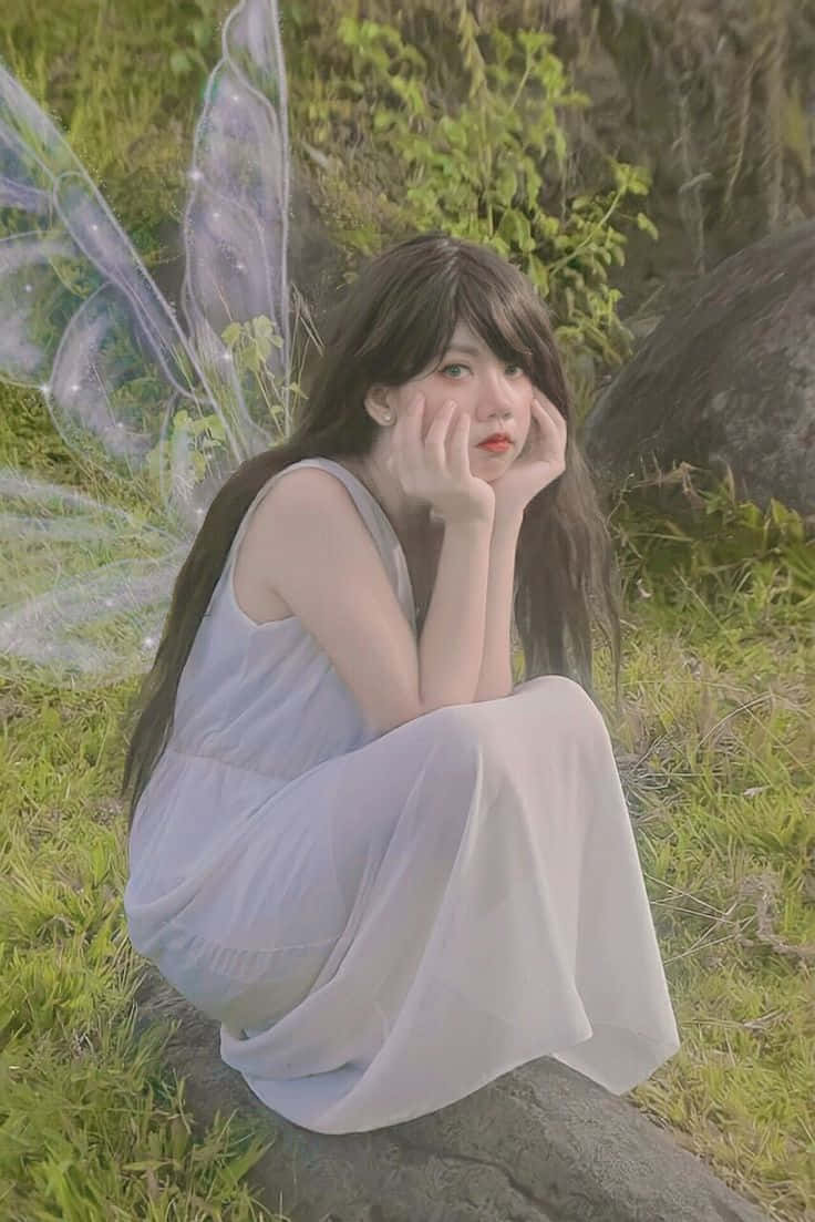 在蓝铃花丛中飞舞的魔法精灵 壁紙