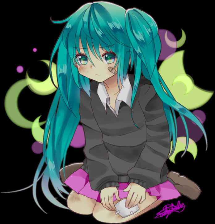 坐姿Q版初音未來插畫 壁紙