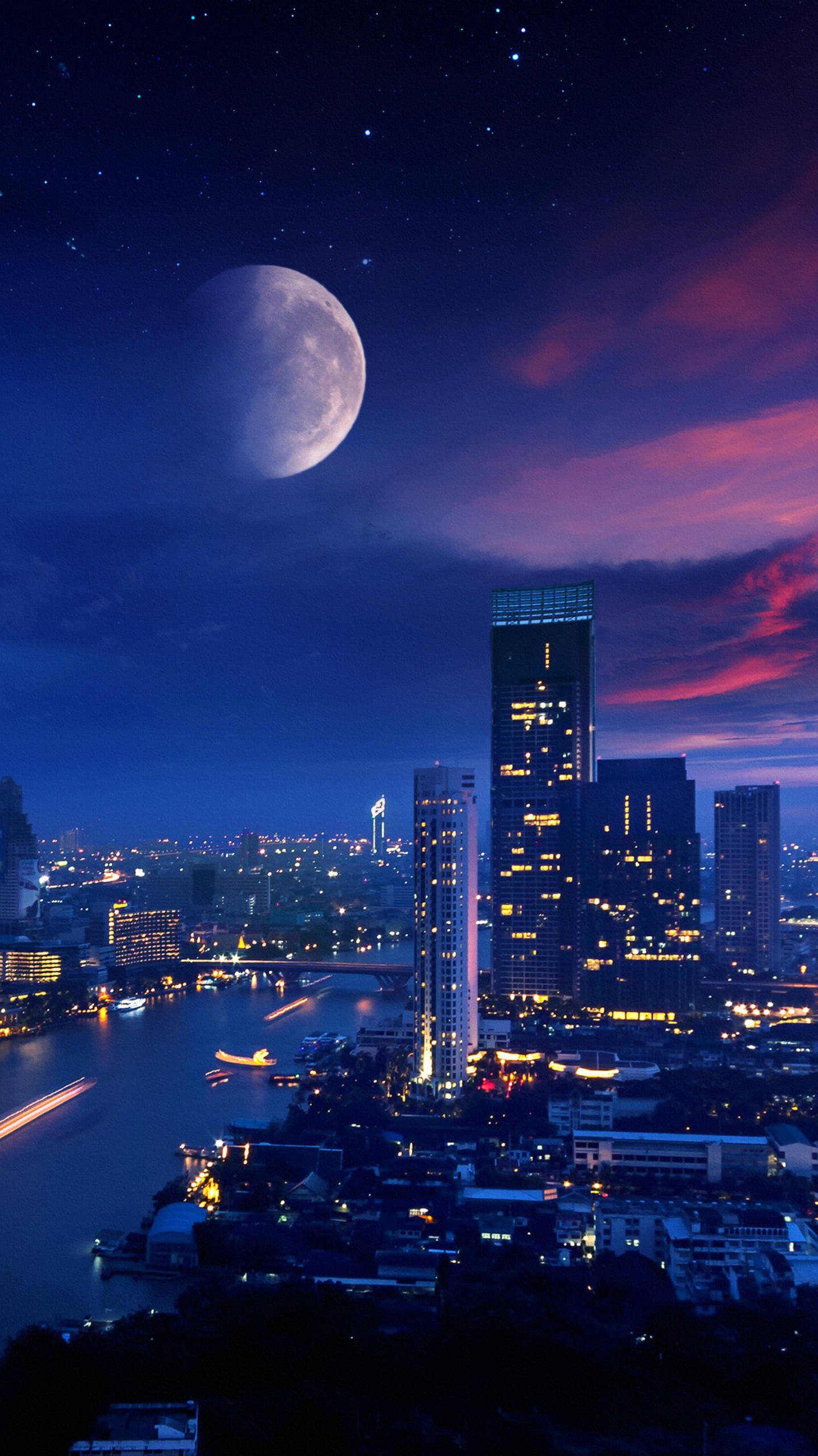 城市上空的銀河月亮 壁紙