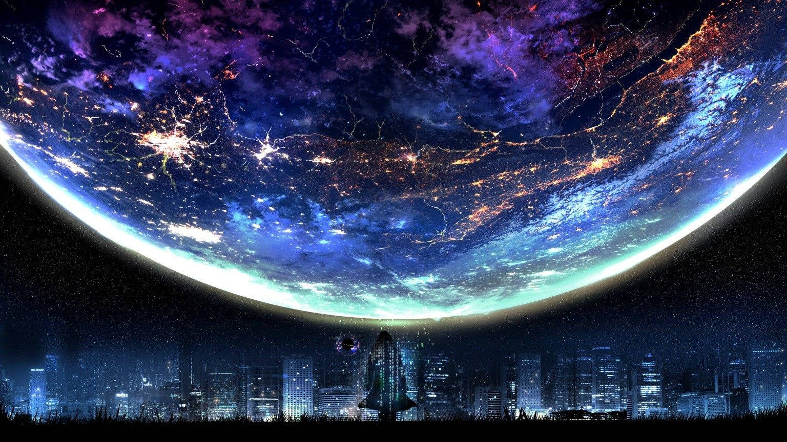 城市夜空上的星系月亮艺术壁纸 壁紙