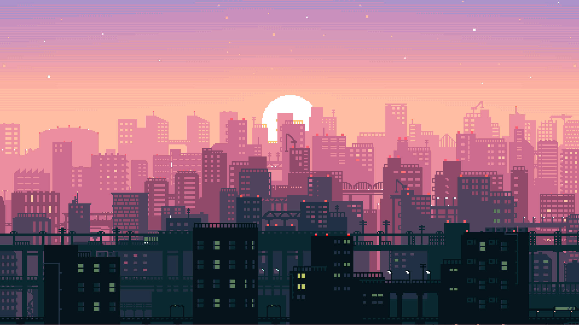 城市天際線與夕陽 壁紙