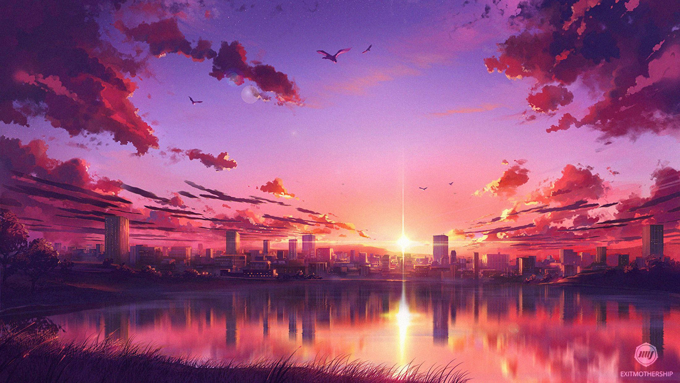 城市湖畔動畫美學夕陽 壁紙