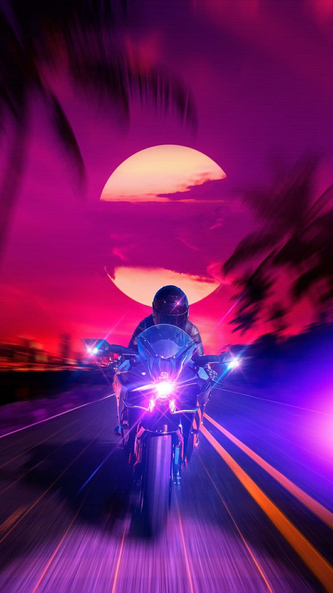 夕陽下摩托車沿路奔馳 壁紙