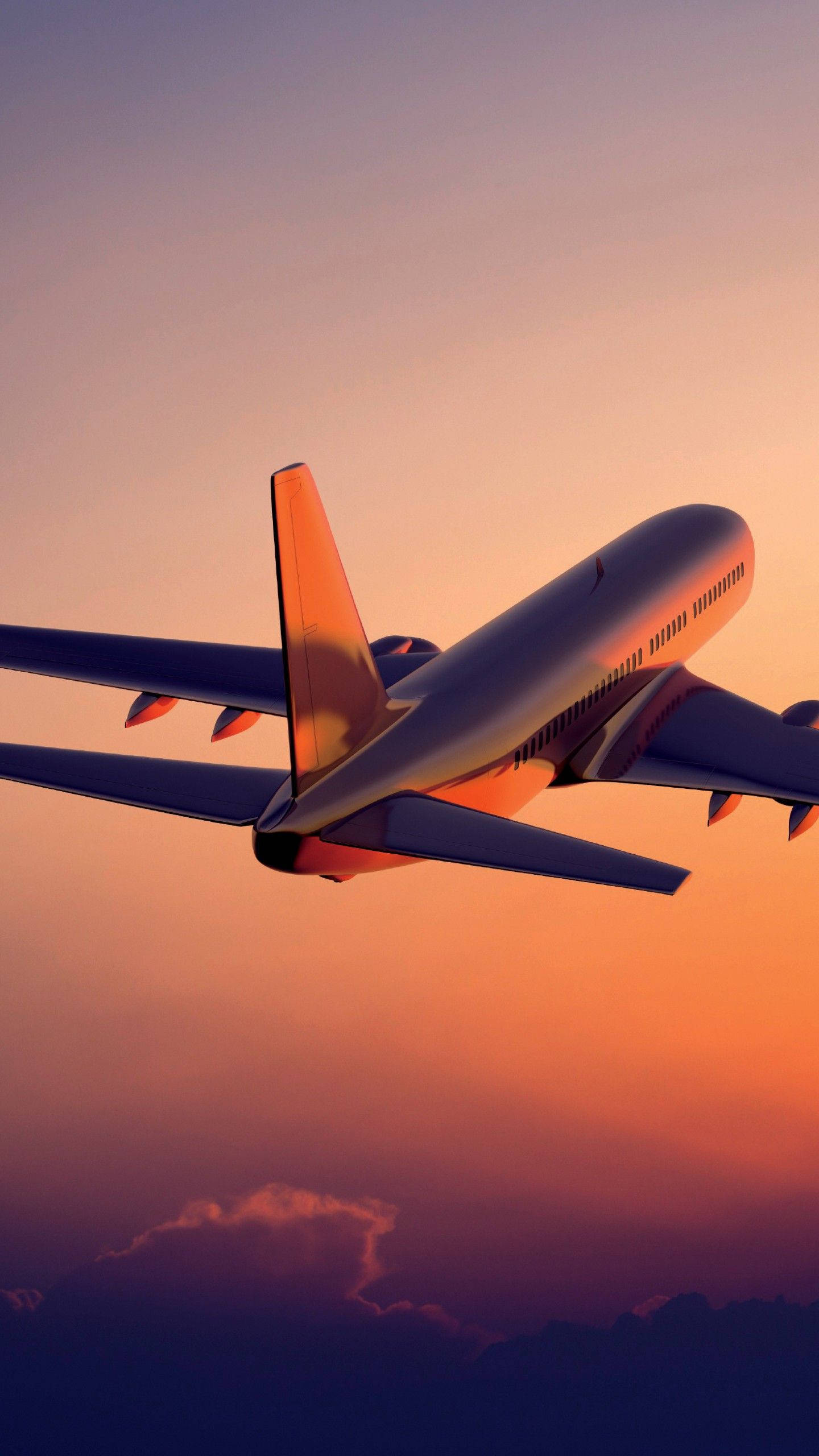 夕陽與升空白色飛機 Android 桌布 壁紙