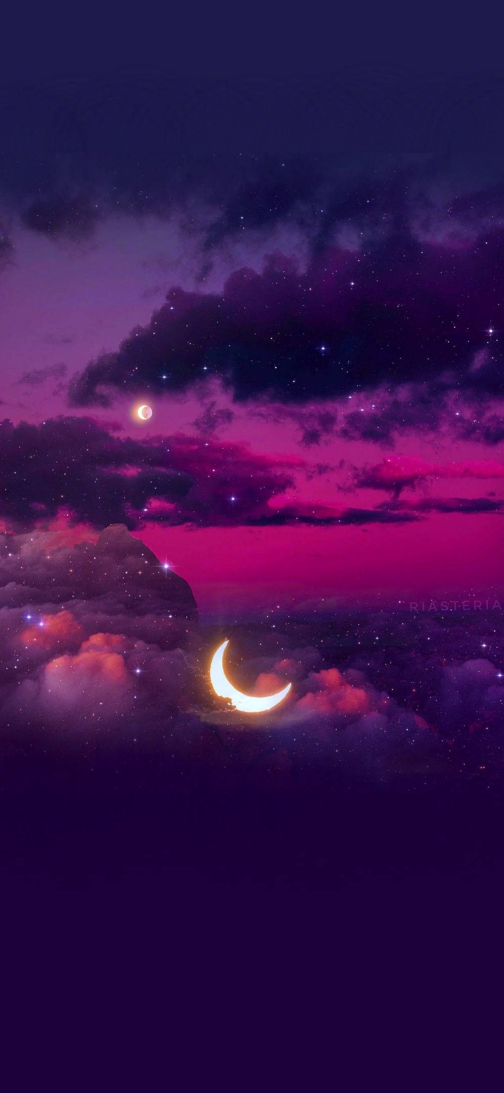 夕陽與新月夢幻銀河美學 壁紙