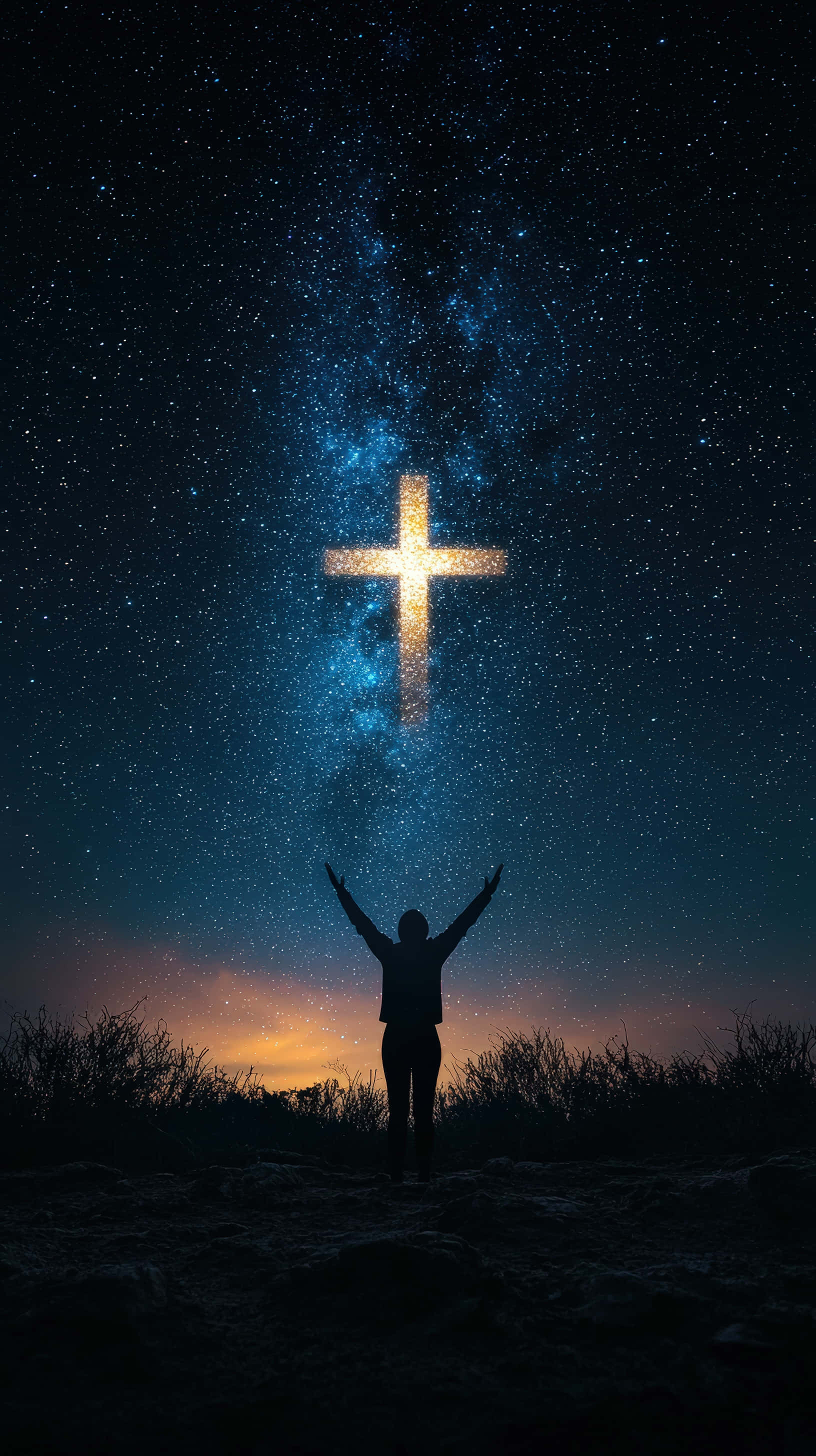夜空星光下，人物剪影向闪亮十字架高举双手 壁紙
