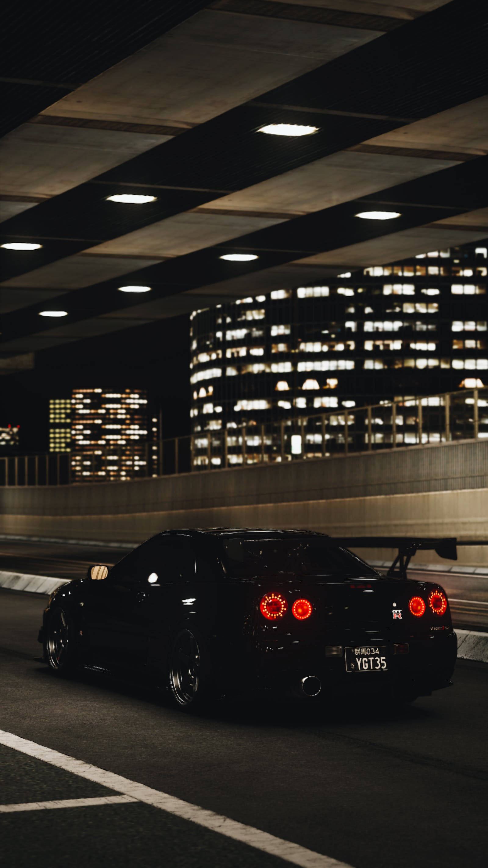 夜色燈光與黑色日產GT-R 4K 壁紙