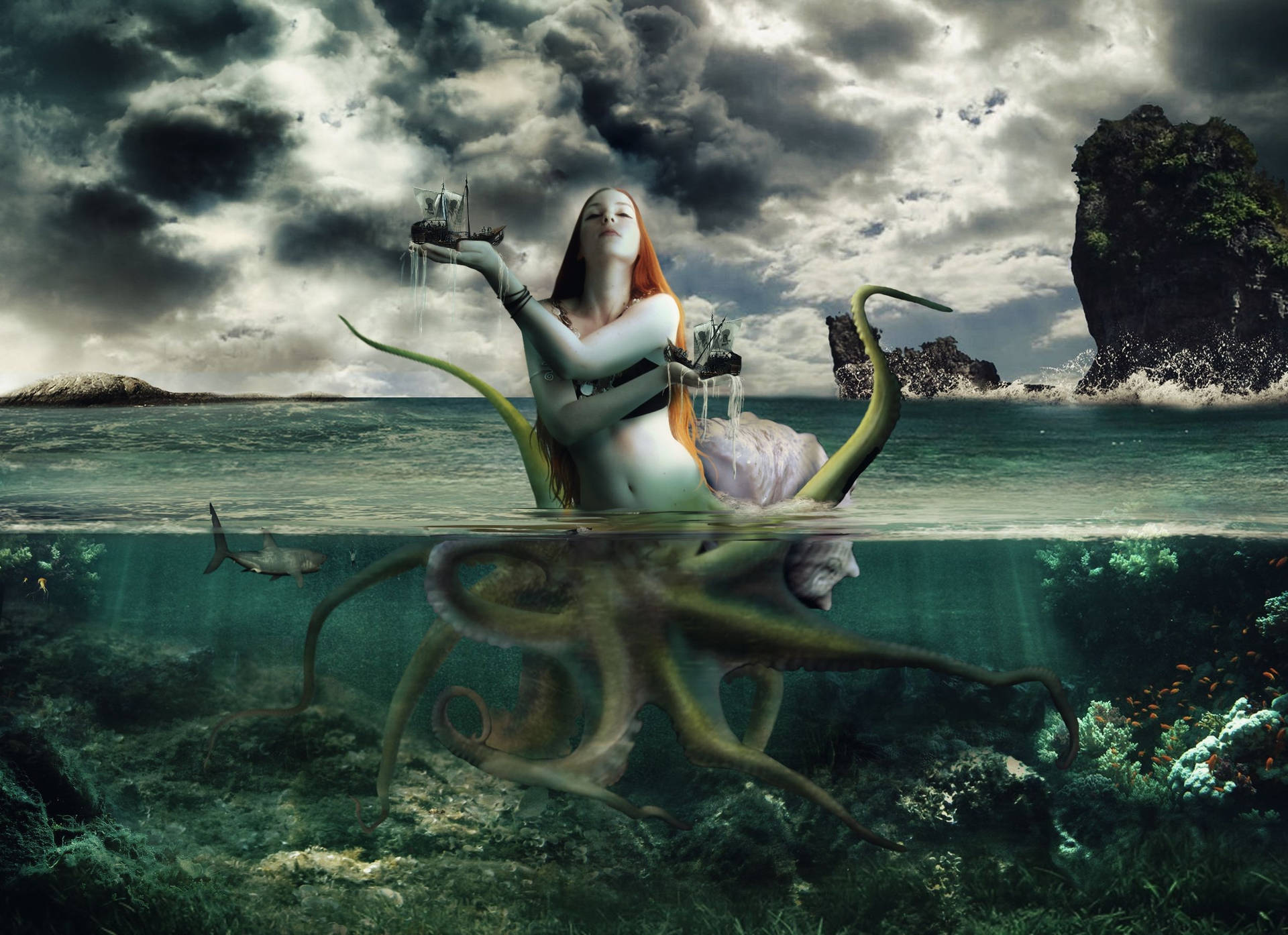 綠色海洋與暗黑天空下的奇幻美人魚桌布。 — 美人鱼 壁紙