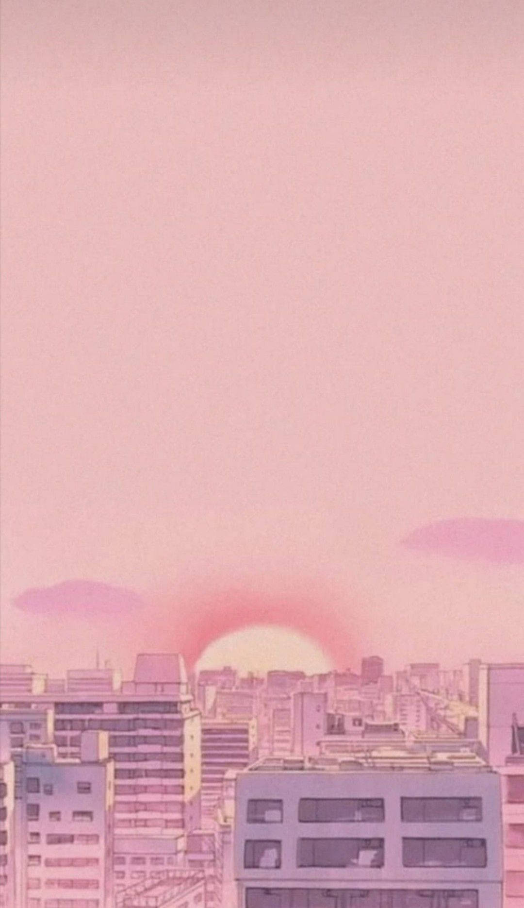 夢幻粉紅系動漫城市天際線夕陽 壁紙