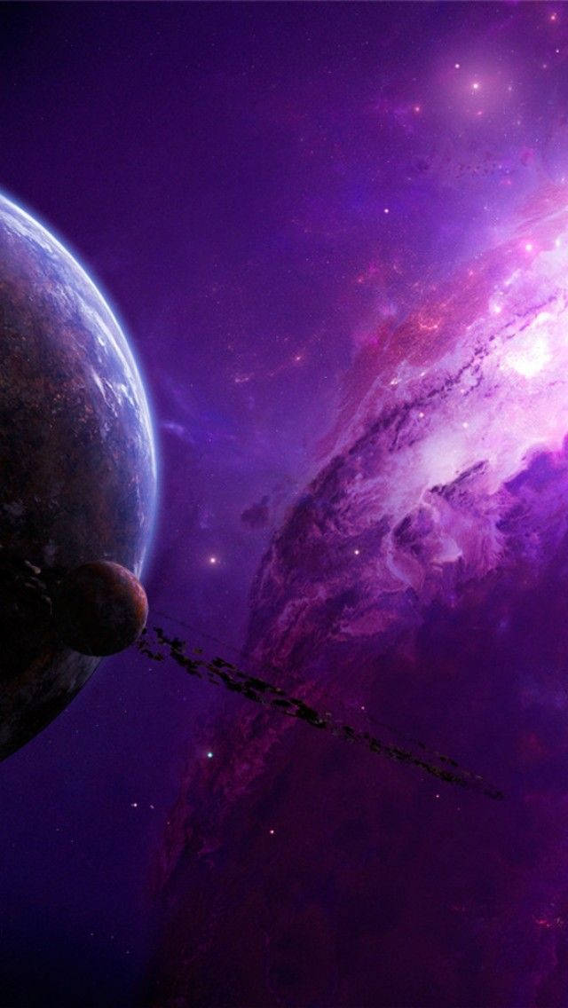 太空中的紫色星系與行星 iPhone 桌布 壁紙