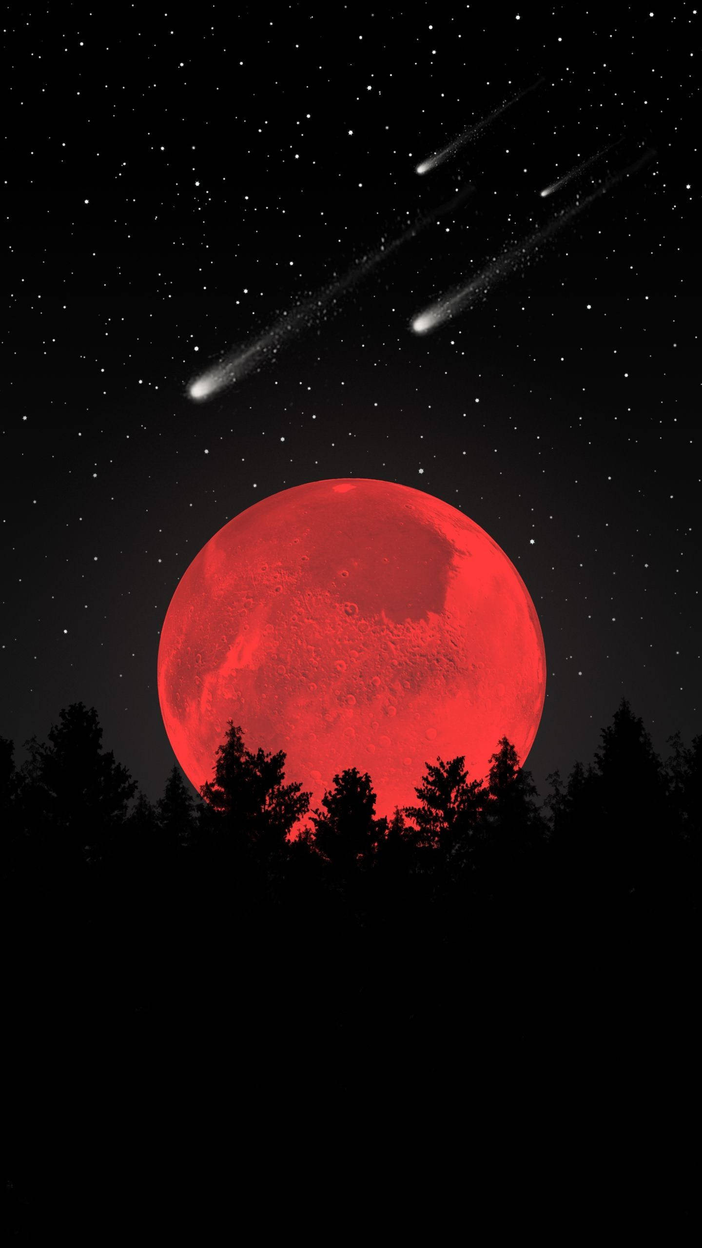 太空美學紅月與流星 壁紙