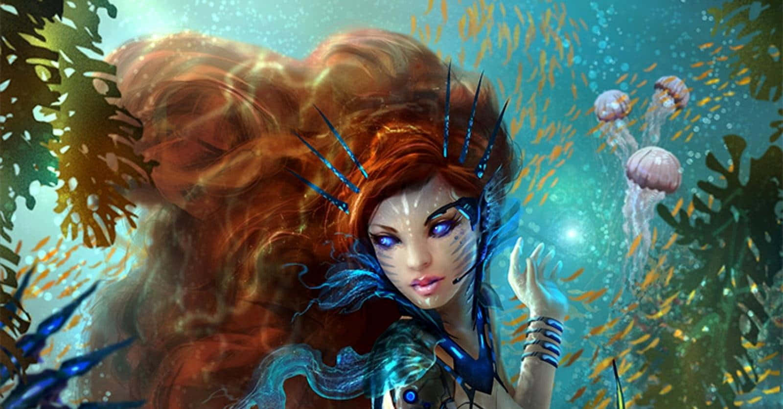 奇幻红发美人鱼彩色图片 壁紙