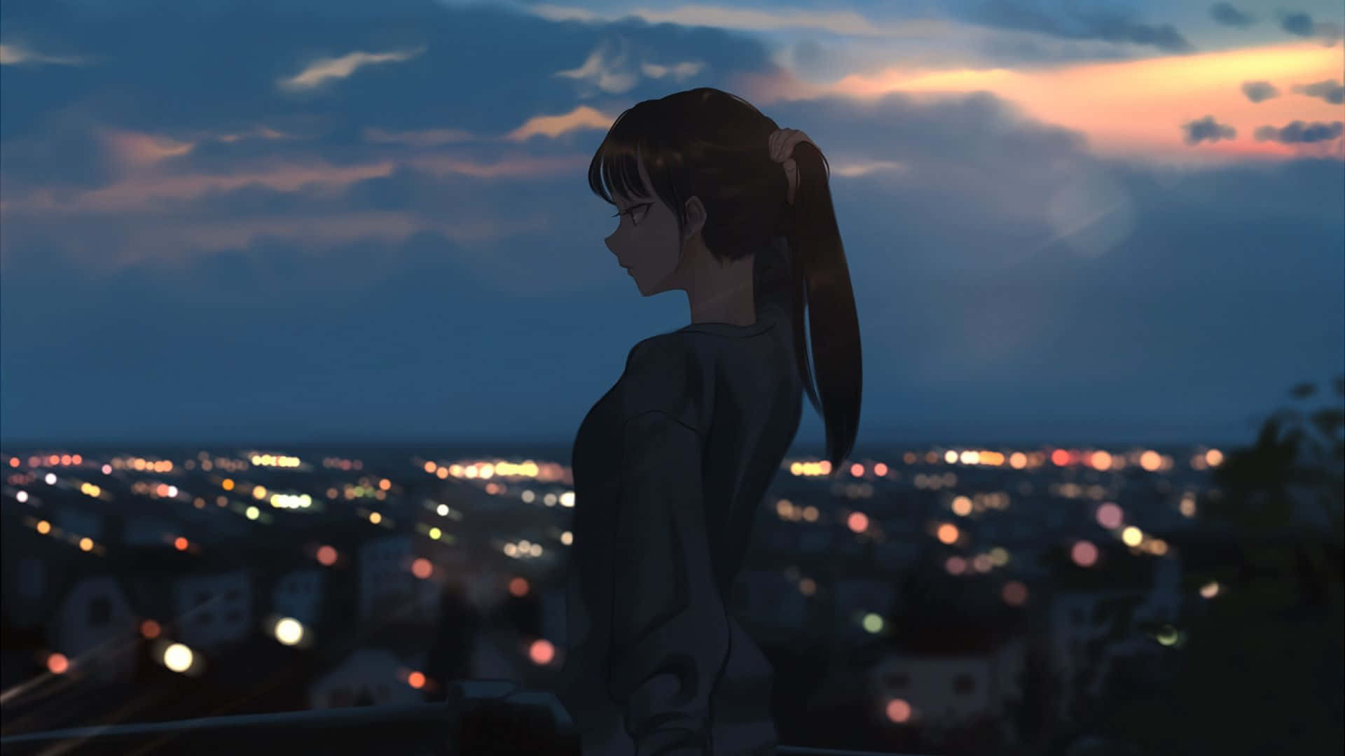 女子俯瞰夜晚動漫城市景觀 壁紙