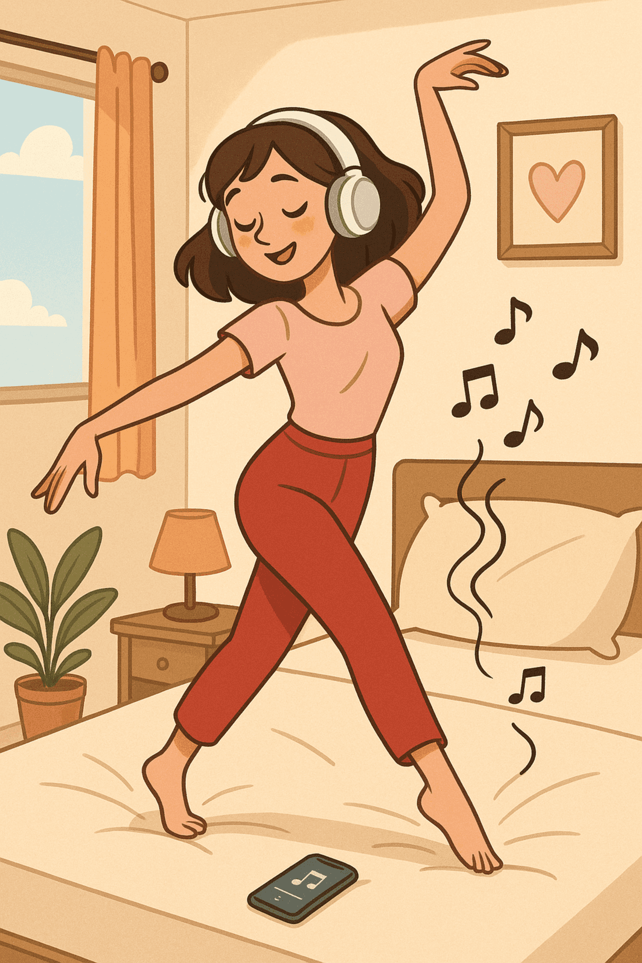 女子、音樂美學背景、耳機、Spotify、舞蹈、臥室背景、女性背景、隨音樂起舞、可愛美學 — 棕色美学 壁紙