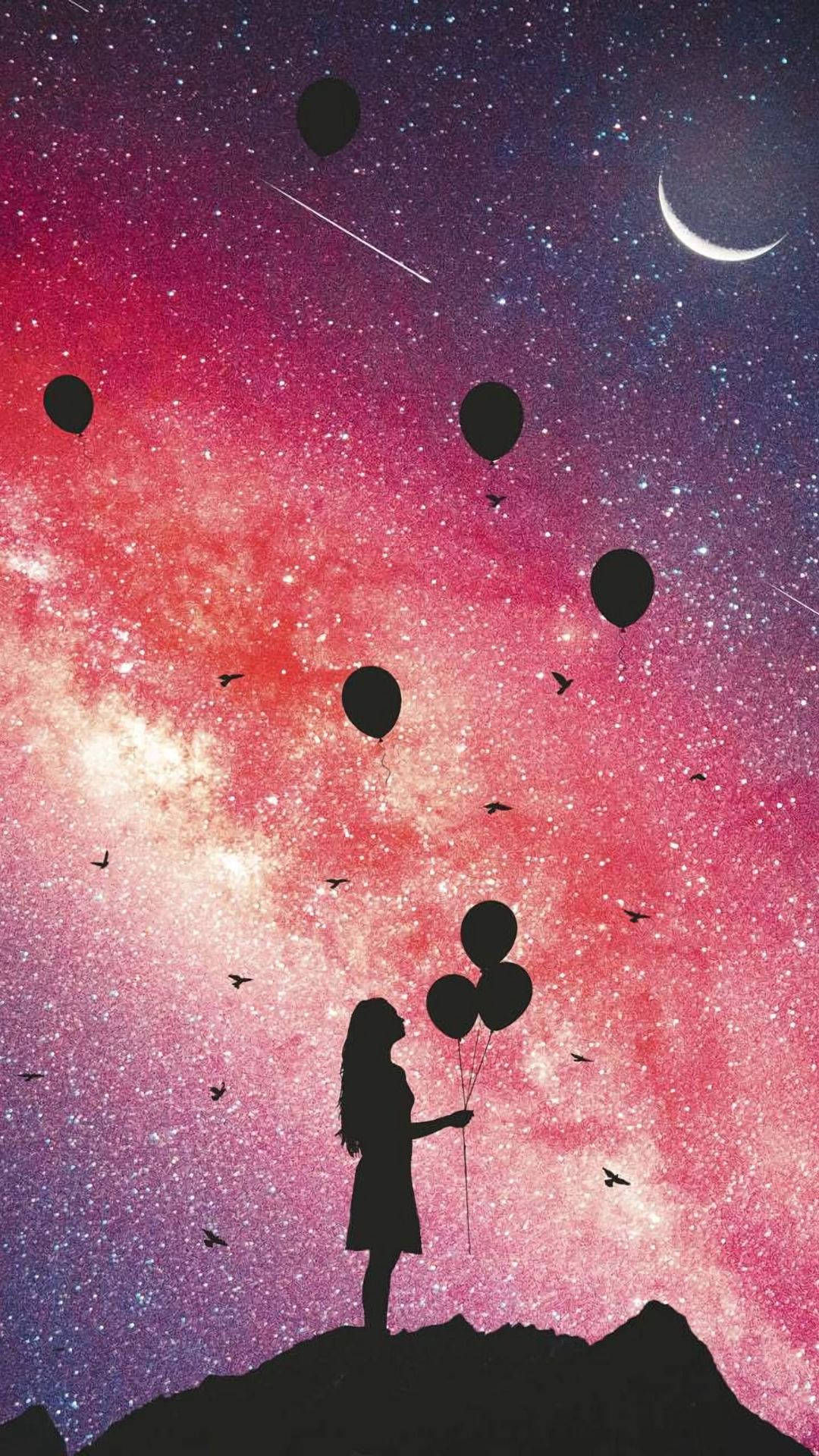 女孩在可愛星空中凝視氣球 壁紙