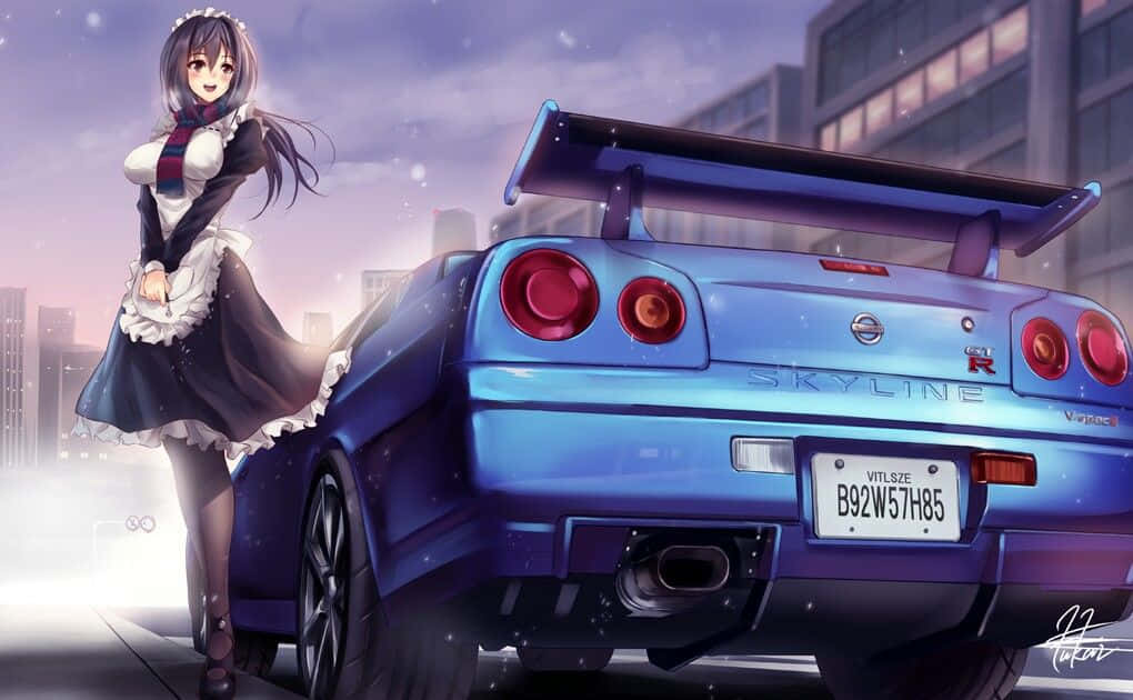 女孩站在蓝色汽车旁 壁紙