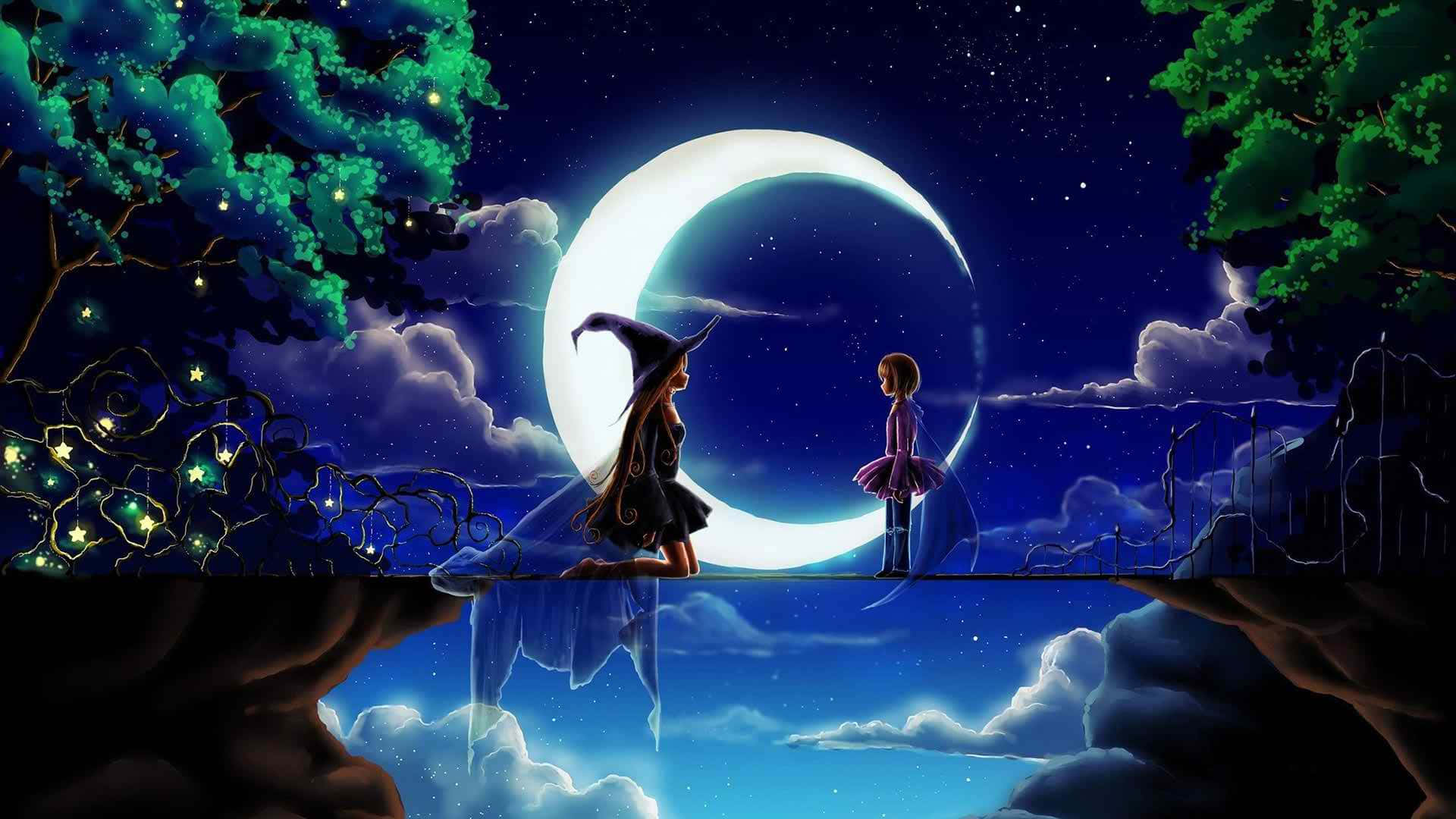 女孩與男孩在夜晚的橋上 壁紙