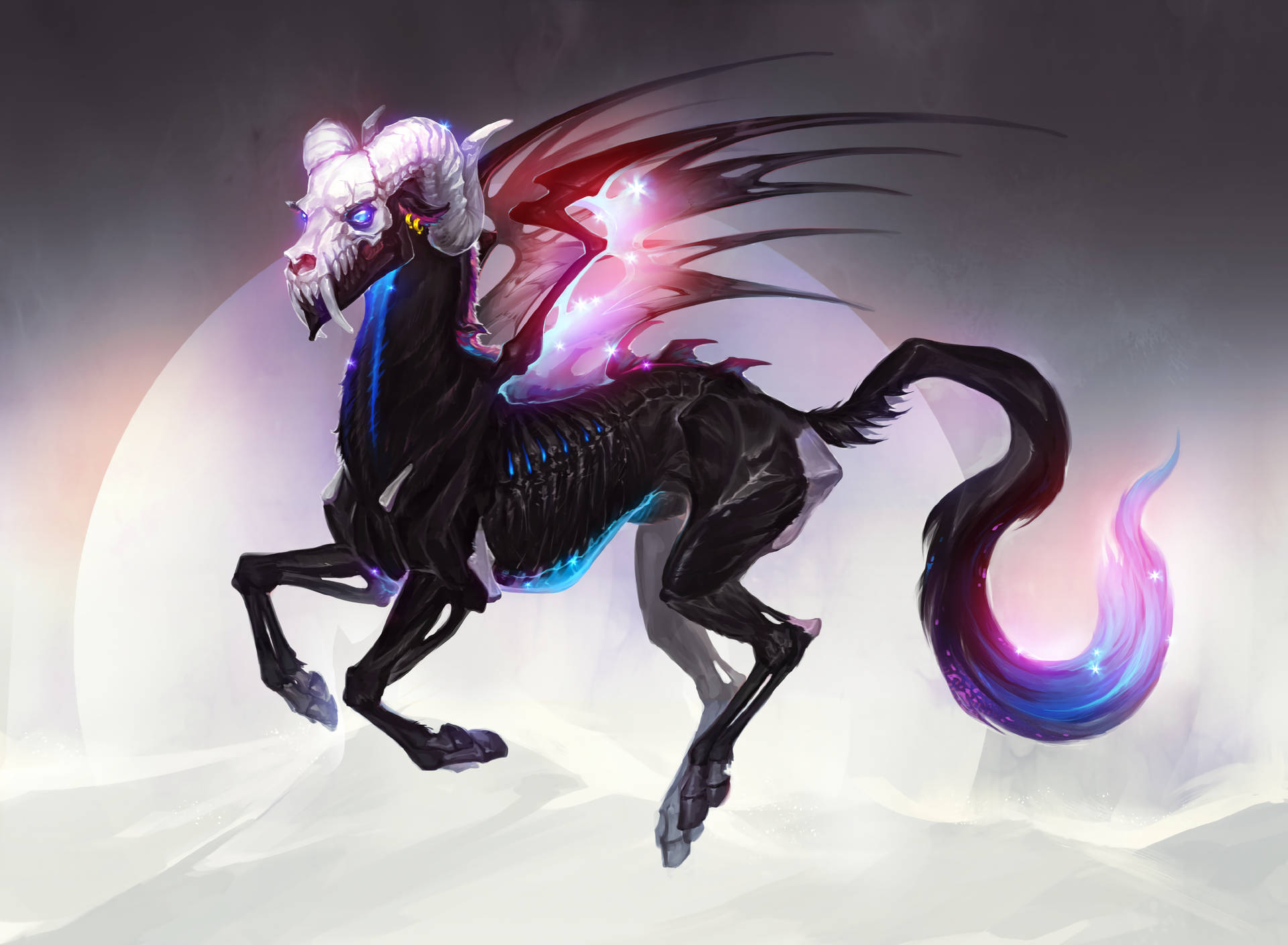 獨角獸骨架馬，黑色身體，發光尾巴，漂浮在白色空間中