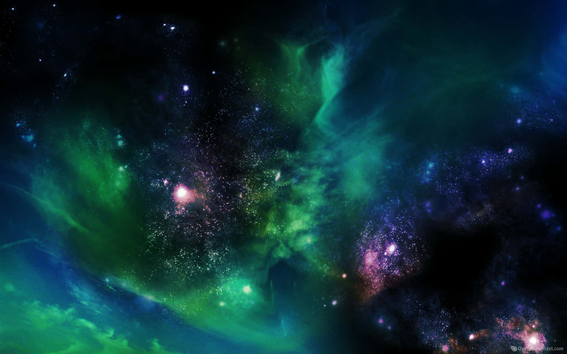 宇宙綠色星雲與粉色星辰 壁紙