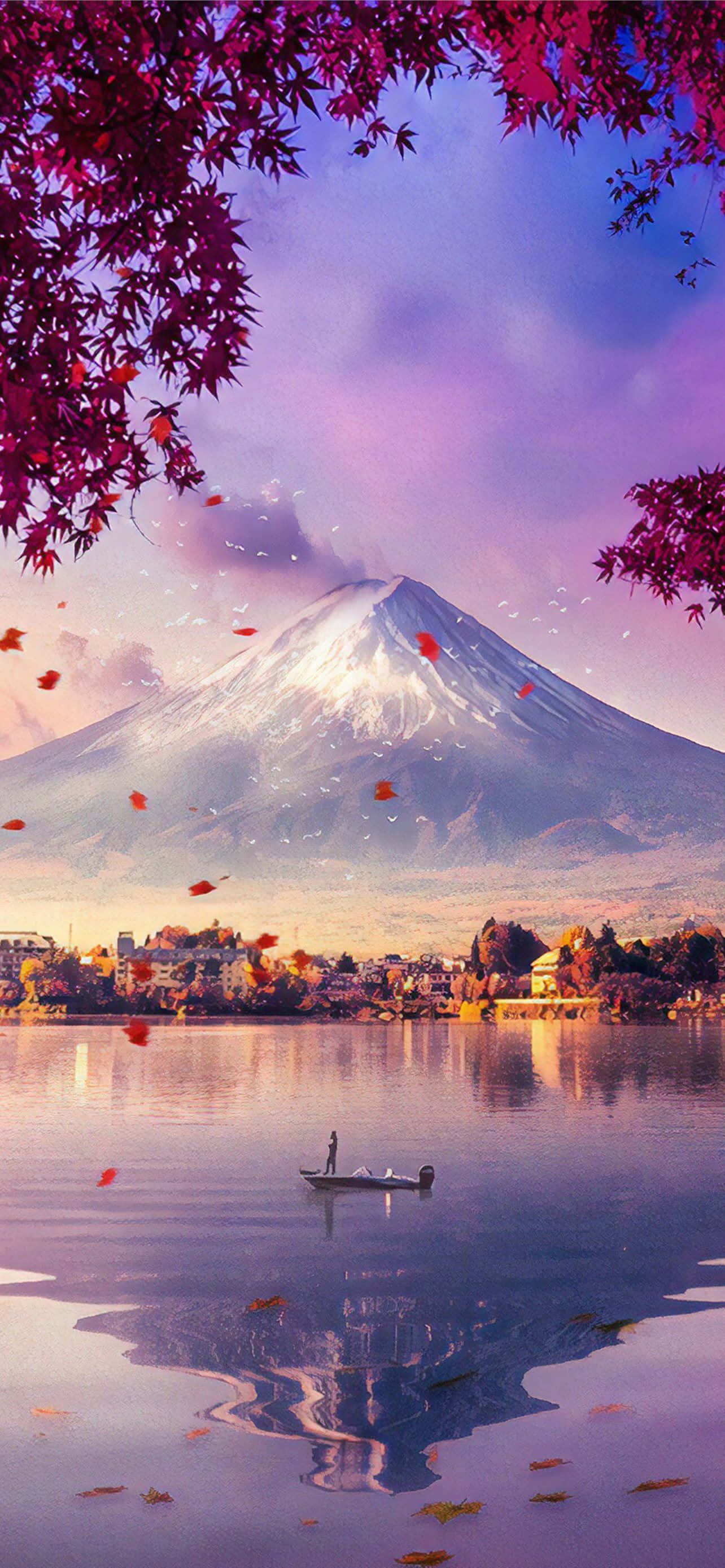 富士山峰与湖泊及落叶 壁紙
