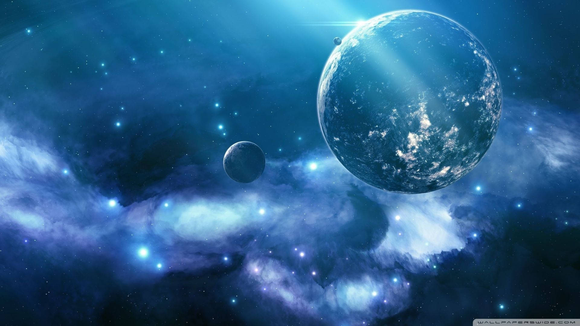 藍色星系中的天體球狀結構與閃爍藍星，銀河HD桌布