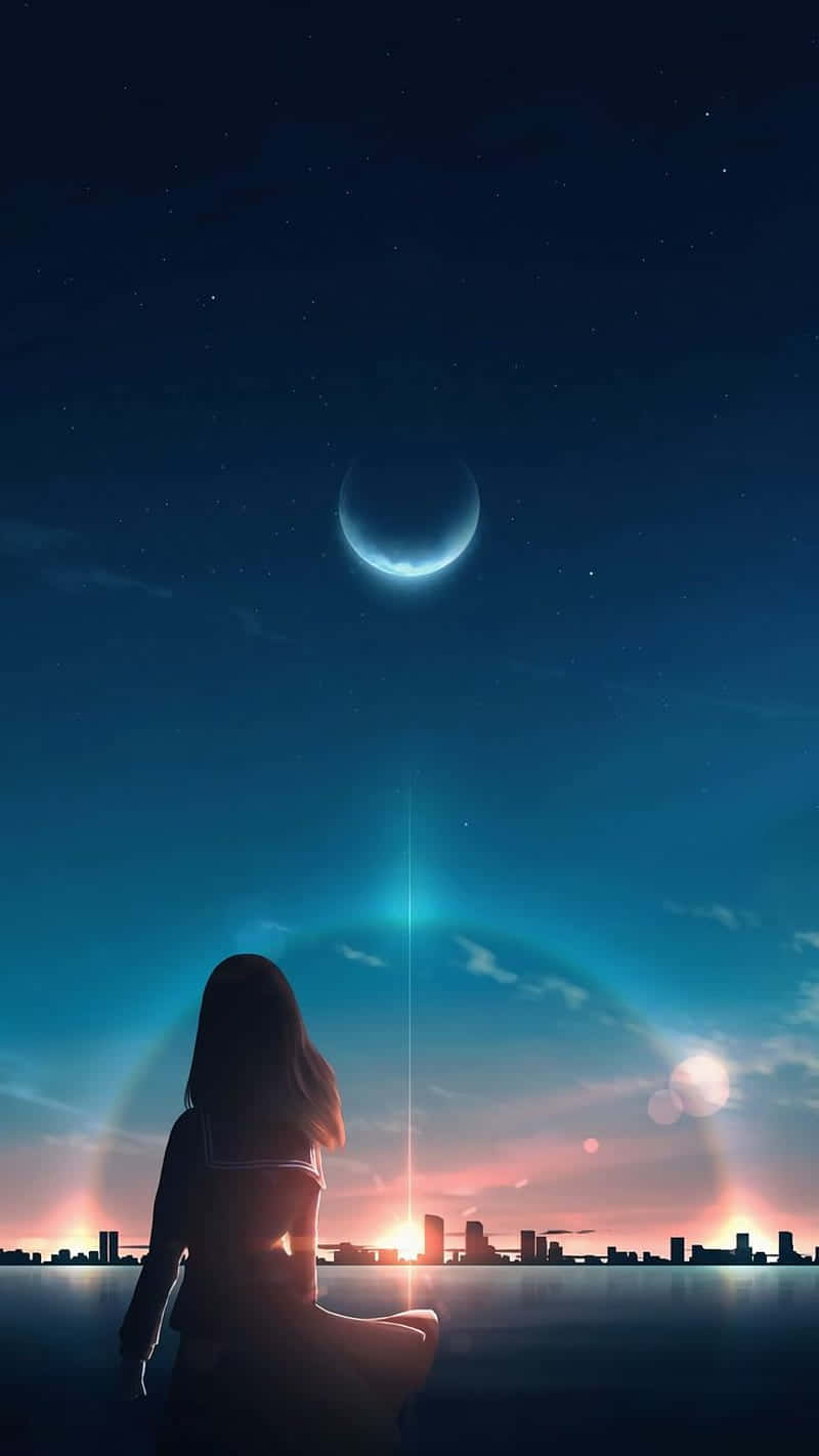 少女在夜晚动漫日出中驻足凝视 壁紙