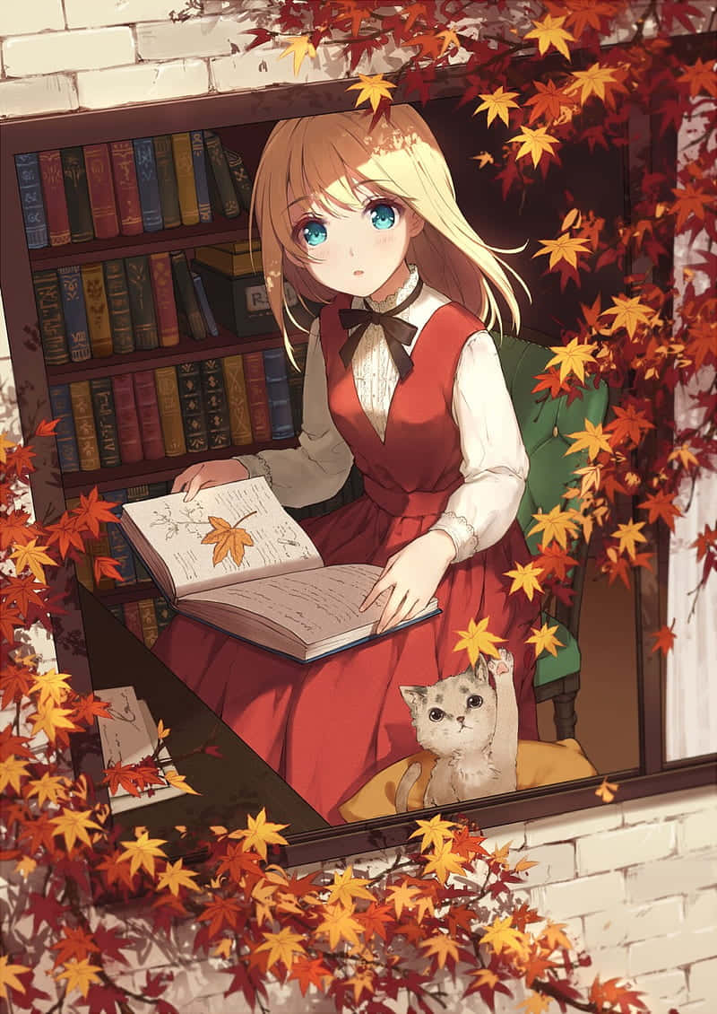 少女與貓及秋日楓葉的動漫插畫 壁紙