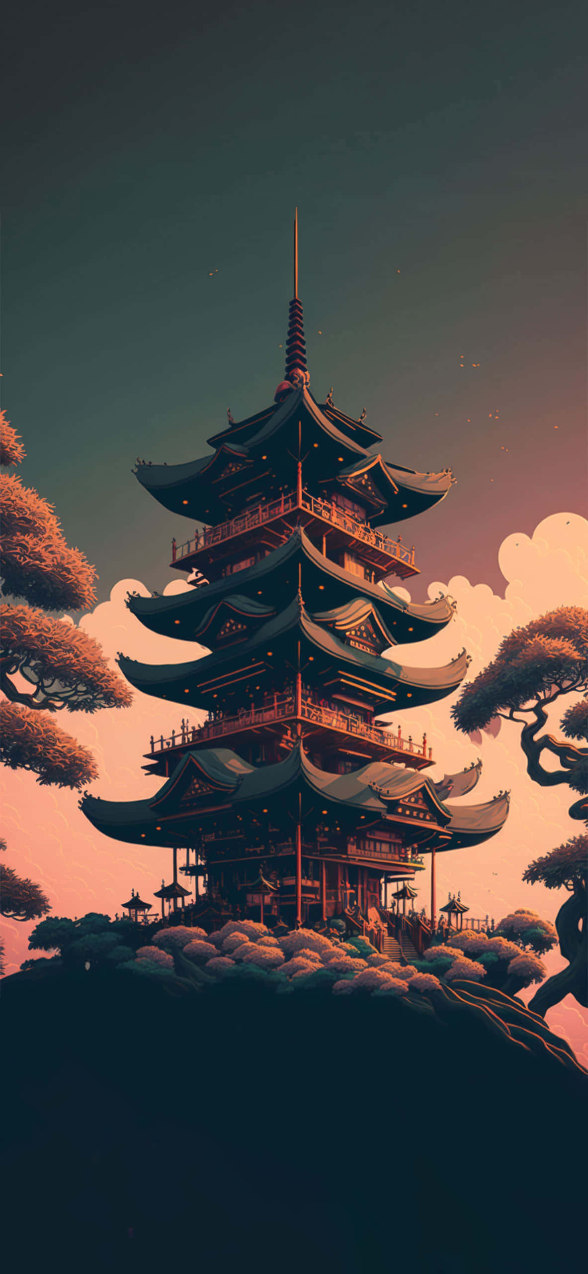 山坡上的寶塔，背景有樹木 壁紙
