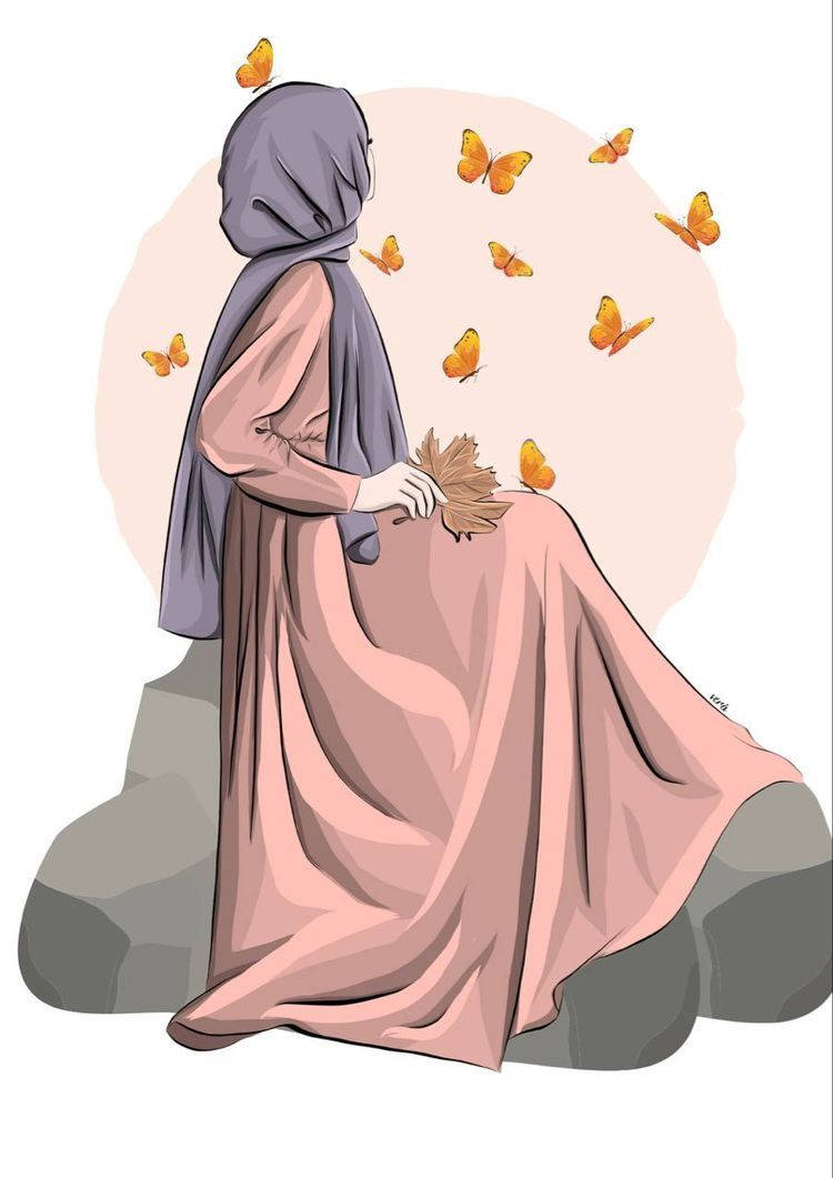 戴希贾布的女孩与橙色蝴蝶的卡通插画