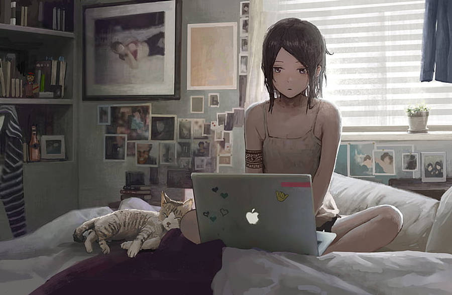 床上使用笔记本电脑的动漫女孩 壁紙