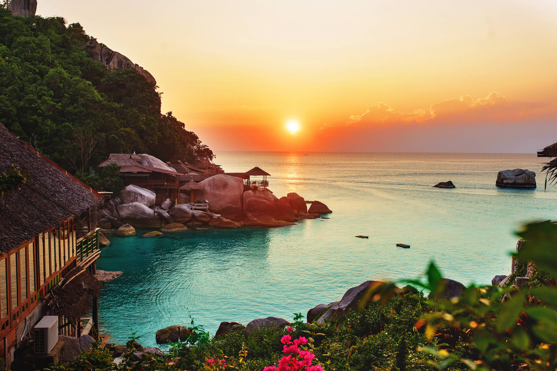 日落時的海洋地平線，植被與海灘，清澈海水。 — 海洋 壁紙