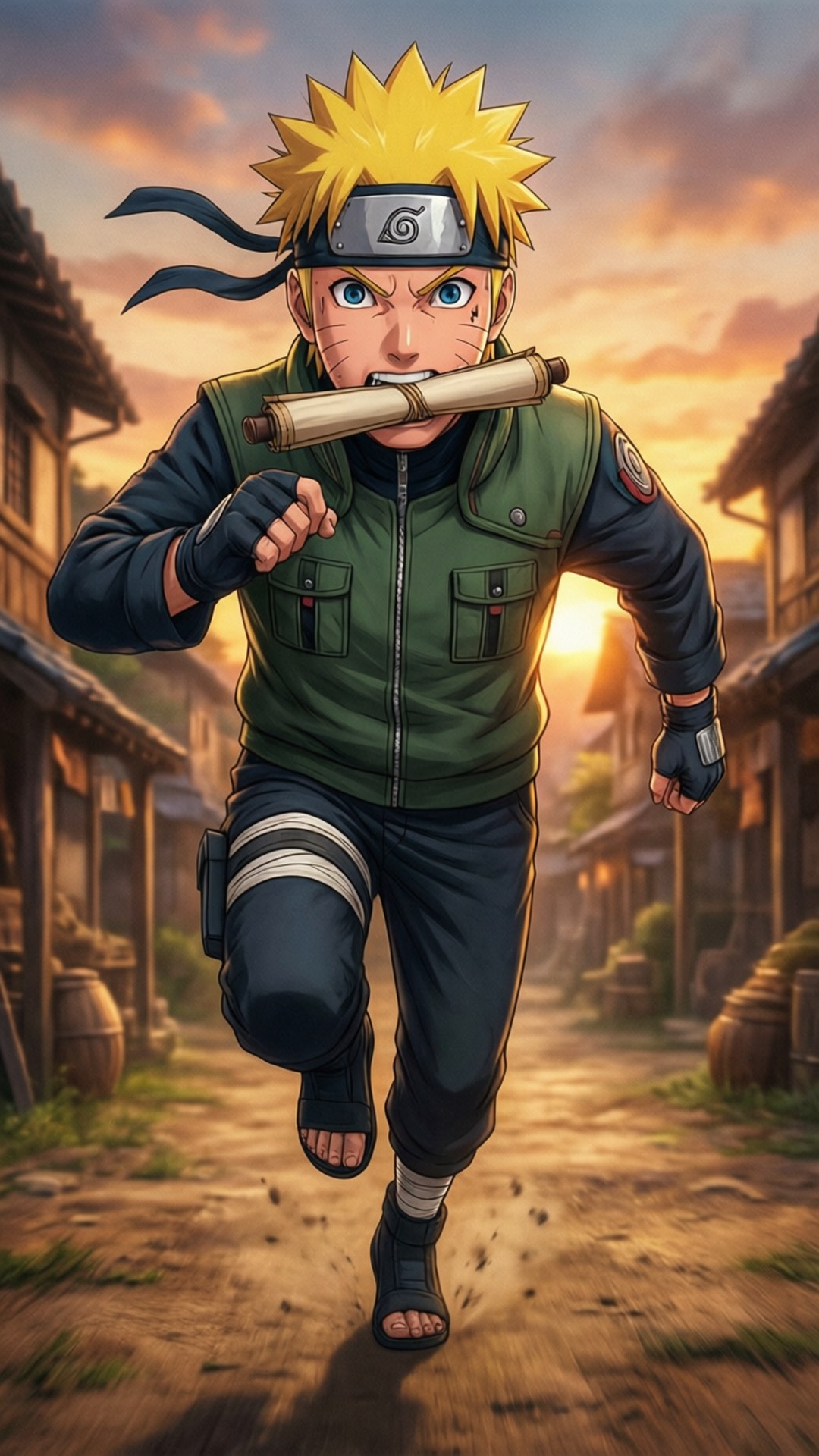 鳴人手持卷軸奔跑的動作場景。